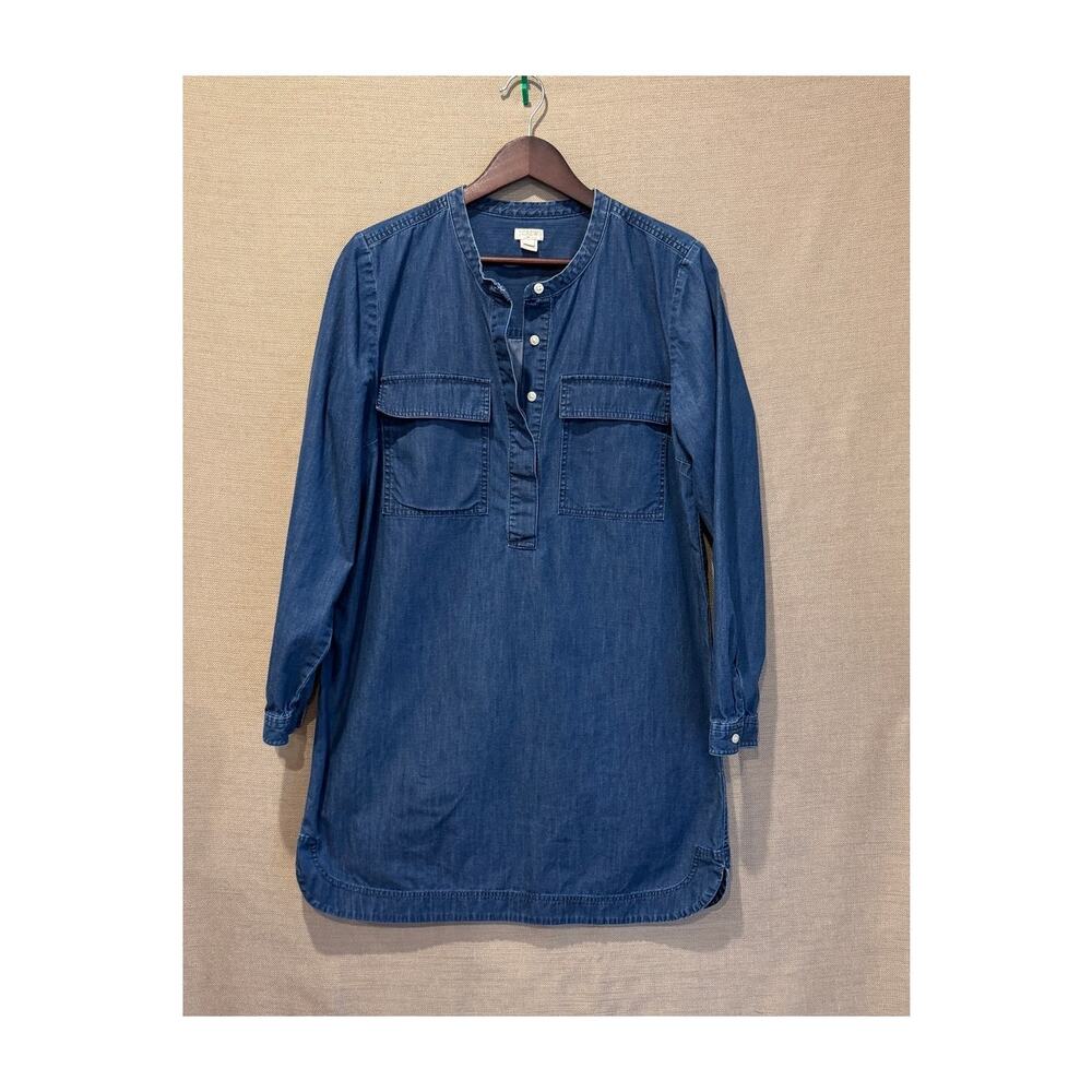 J.Crew 100% Cotton Preppy Chambray Dress Large Blue Long Sleeve Popover Utility